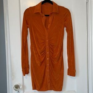 Orange Ruched Long Sleeve Dress